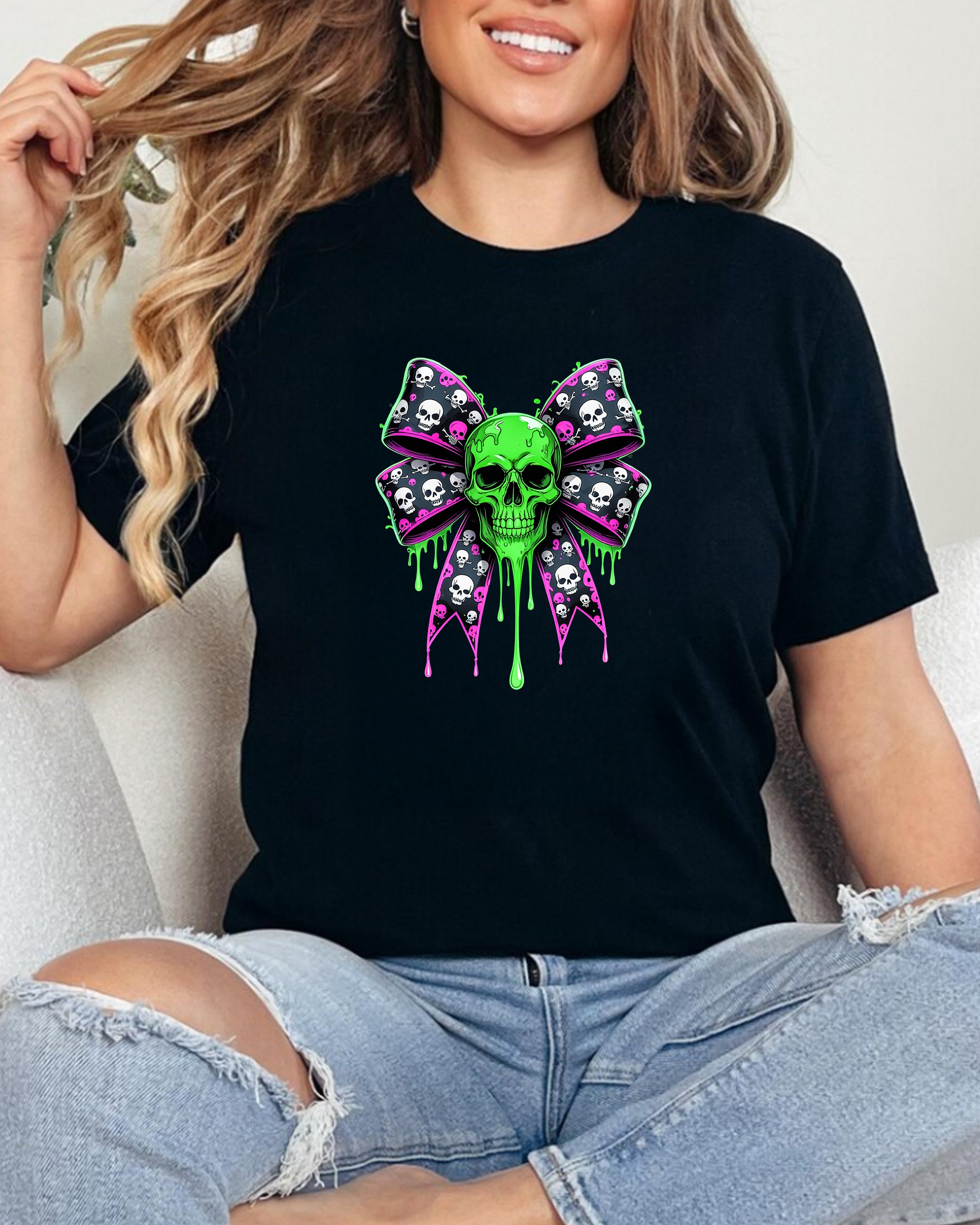 Tricou damă Fundiță Skull Neon, negru