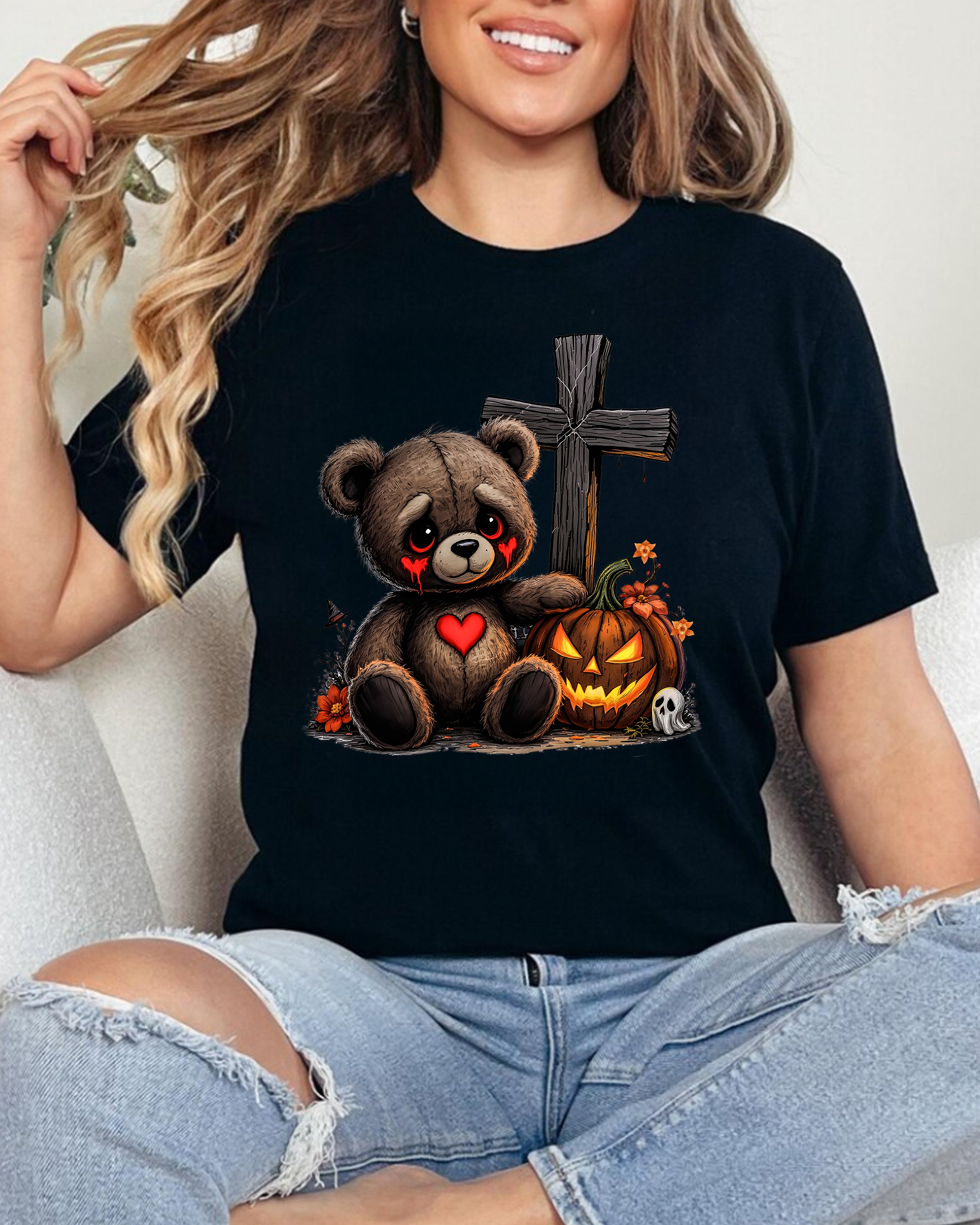 Tricou damă Ursuleț Halloween Drăgălaș, negru