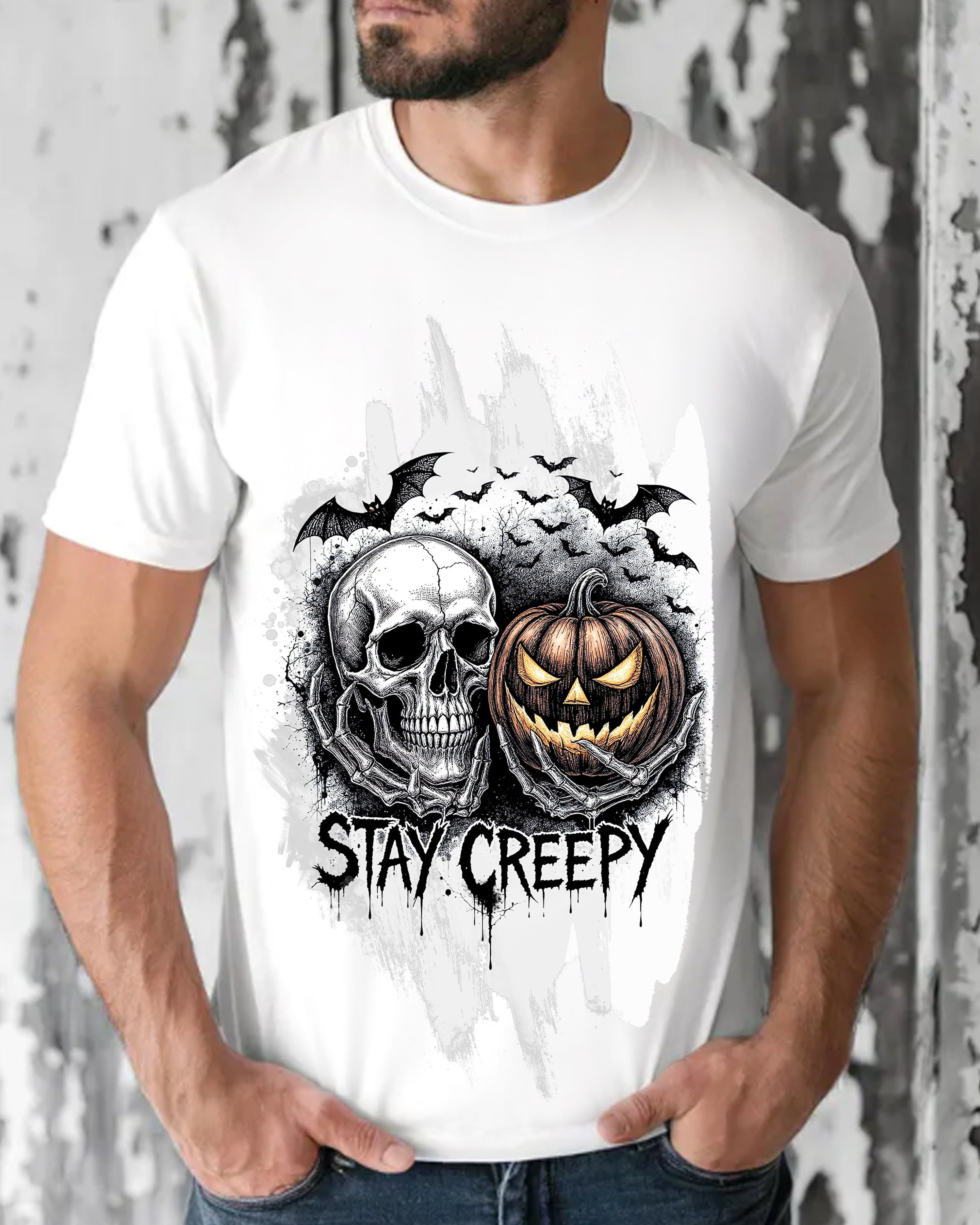 Tricou bărbat Stay Creepy Skull, alb
